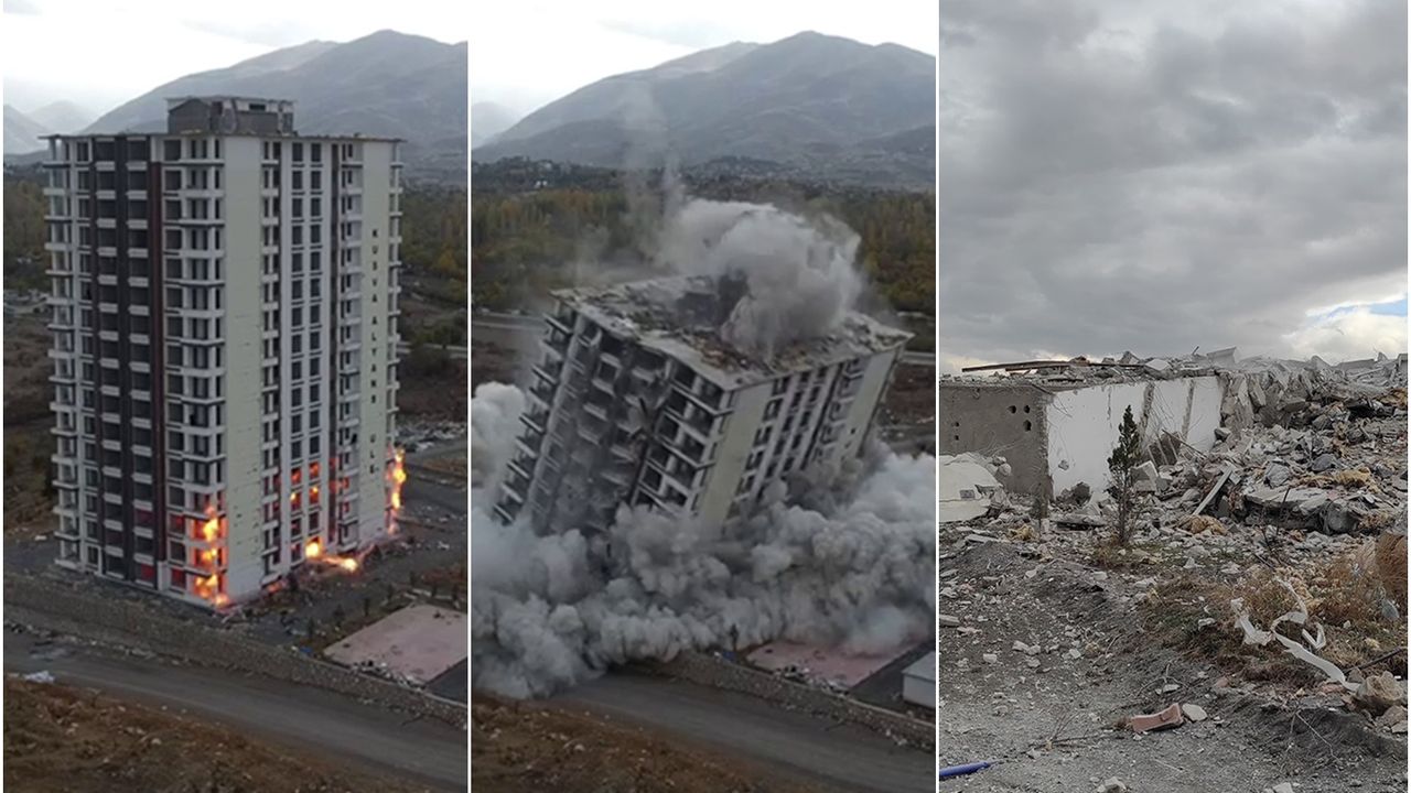 Deprem bölgesi Malatya’da ağır hasarlı binaların patlayıcı ile yıkımı sürüyor