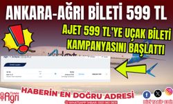 Ajet uçak Bileti Kampanyası Ağrı - Ankara Uçuşları 599 TL